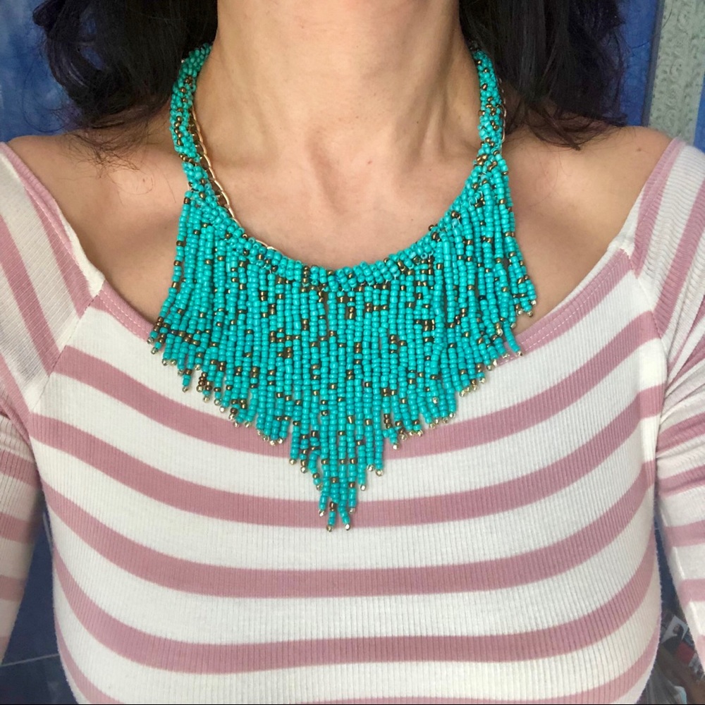 🐠 Mega Fringe Turquoise Gold Choker Necklace Boho